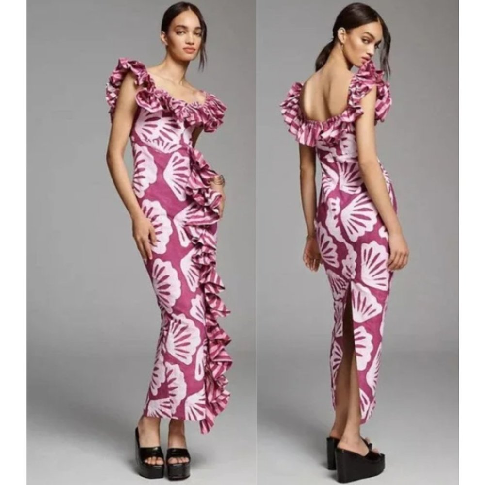 Anthropologie Floral Ruffle Maxi Dress in Pink and White